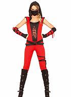 Kvinnlig ninja (aka kunoichi), maskerad-jumpsuit med huva, drake